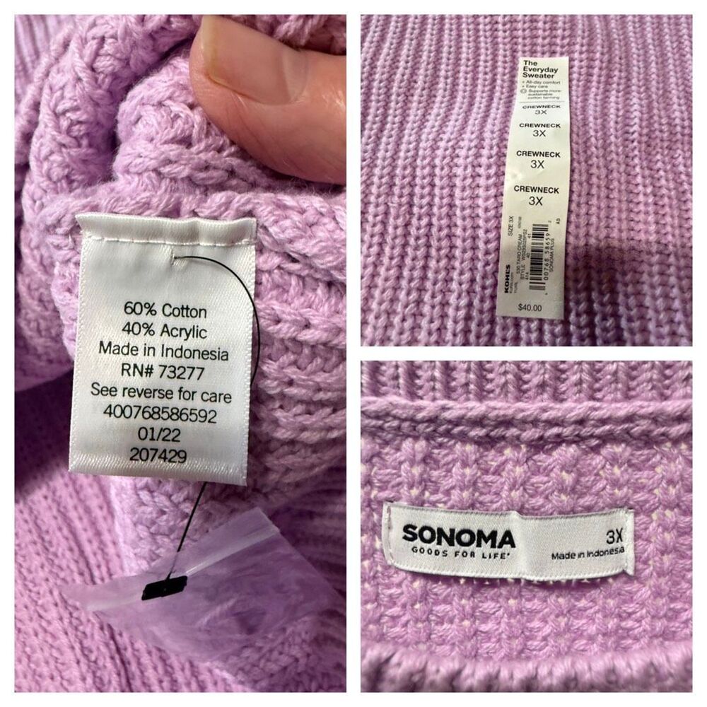 Sonoma Everyday Cotton Blend Fine Cable Lilac sweater Sz 3X NWOT - Picture 3 of 6
